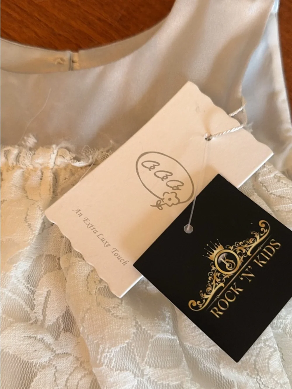 Lace Infant Bubble Dress in Light Ivory with Light Grey Satin Trim 9-12M